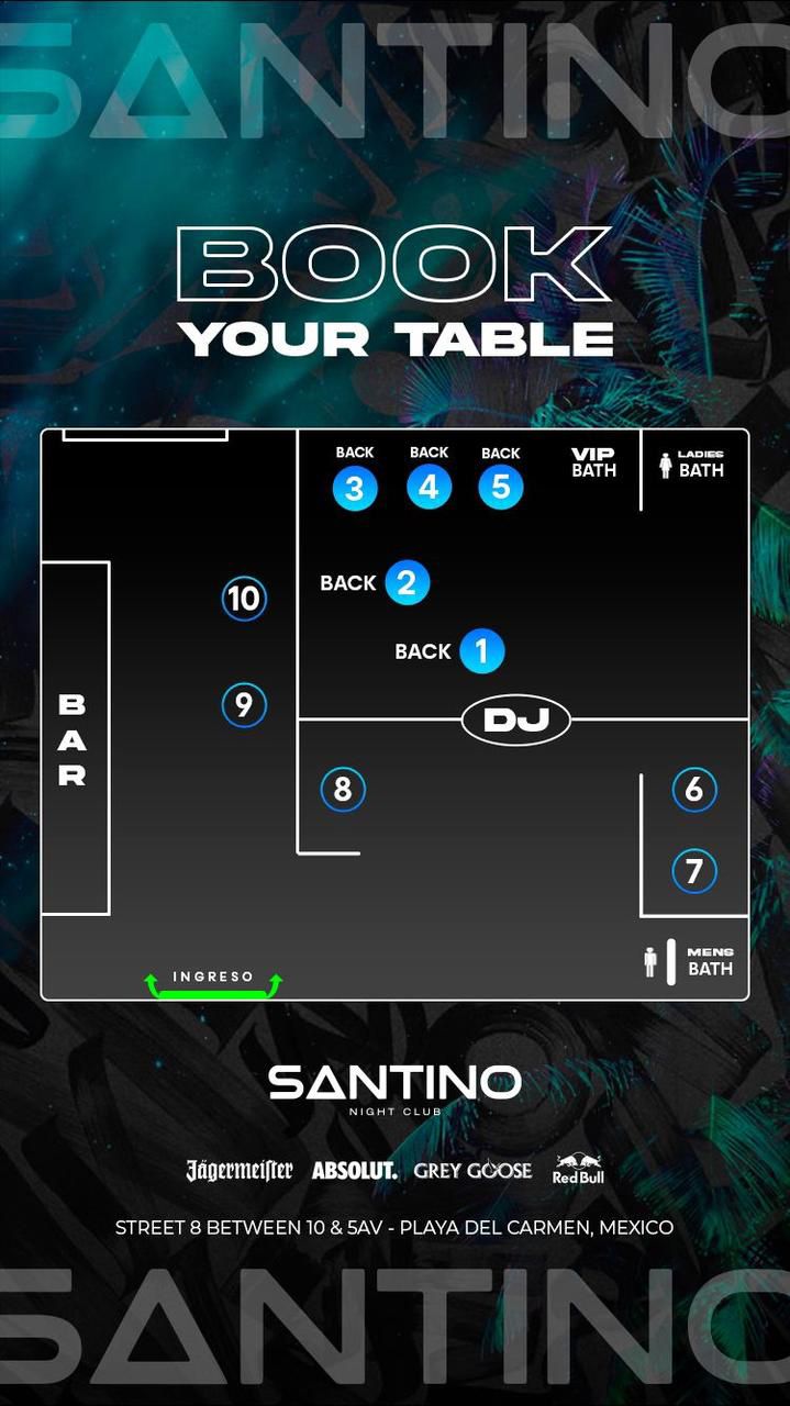 Mapa original de Santino: ingreso abajo, bar a la izquierda, DJ en el centro, mesas y baños. Referencia sin disponibilidad ni selección.